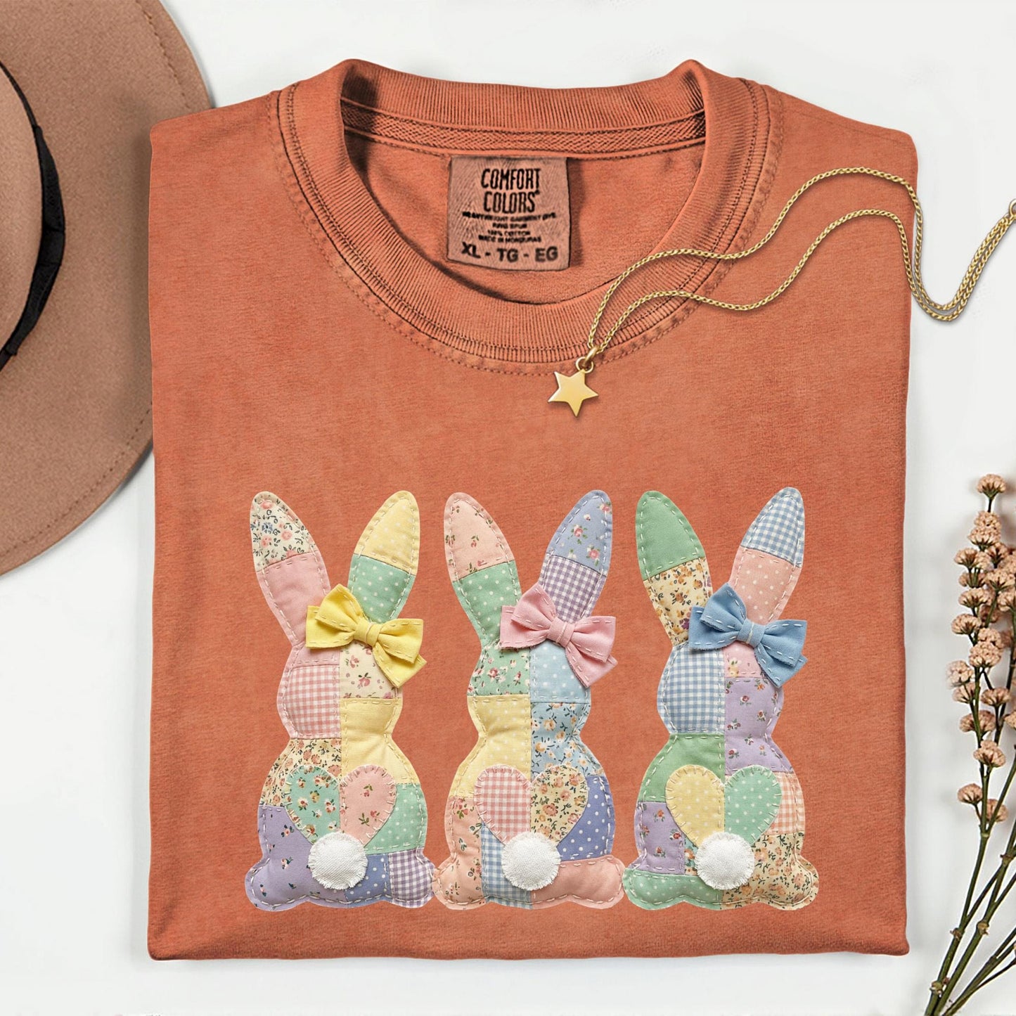 Comfort Colors® Easter Patchwork Bunny Shirt, Coquette Easter Shirt, Floral Faux Patchwork Bunny