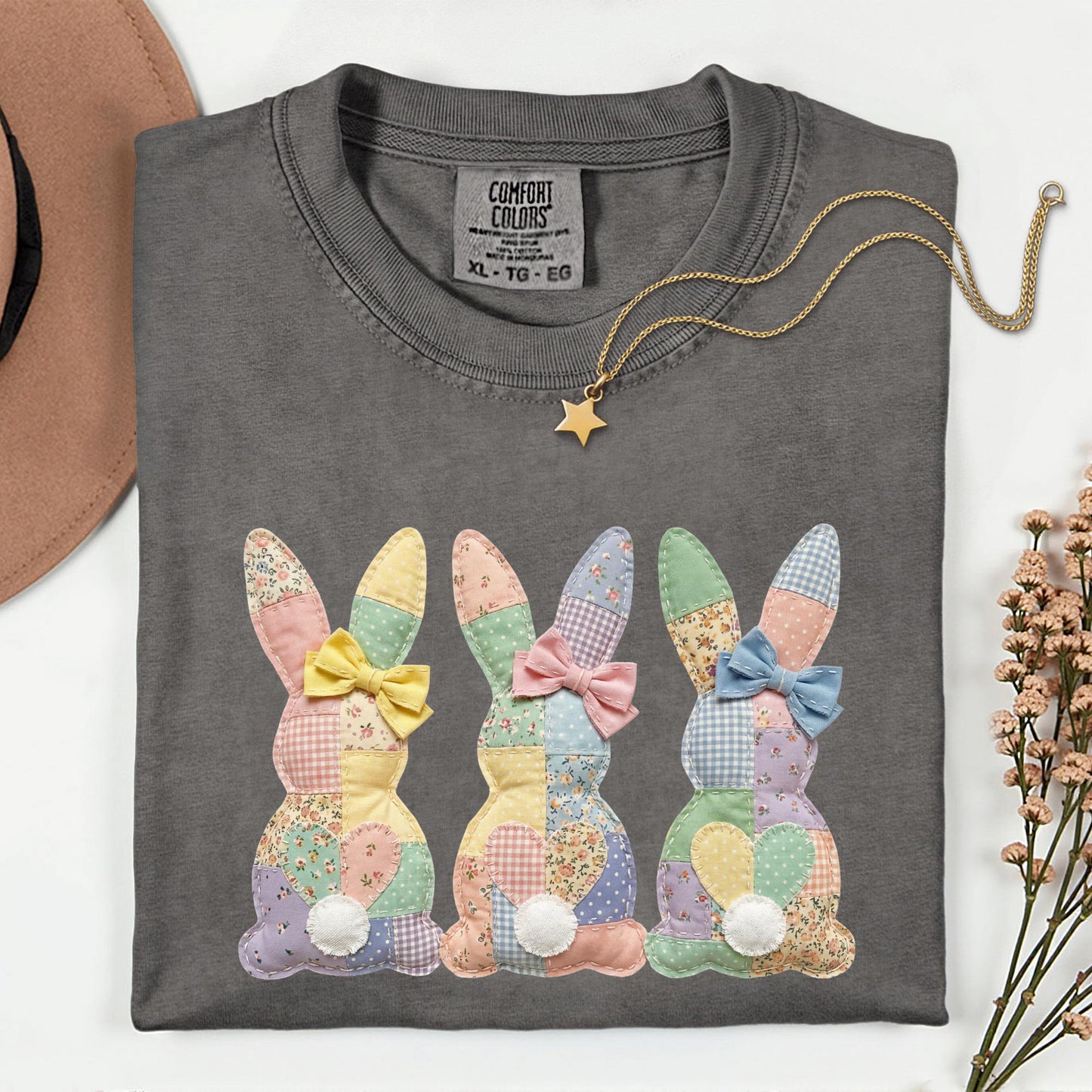 Comfort Colors® Easter Patchwork Bunny Shirt, Coquette Easter Shirt, Floral Faux Patchwork Bunny