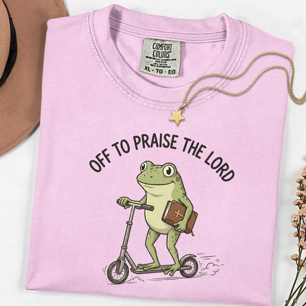 Praise The Lord Frog Comfort Colors® Tee, Funny Christian Church Shirt, Bible Scooter Graphic, Vintage Faith Top