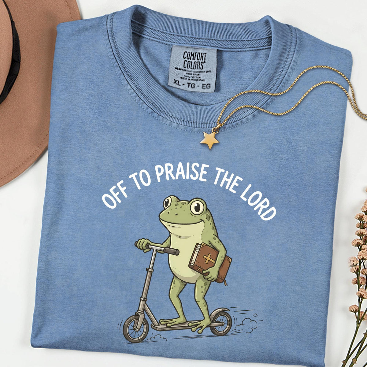 Praise The Lord Frog Comfort Colors® Tee, Funny Christian Church Shirt, Bible Scooter Graphic, Vintage Faith Top