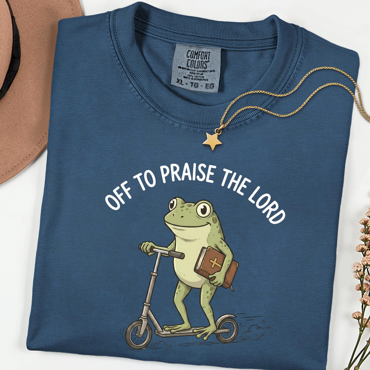 Praise The Lord Frog Comfort Colors® Tee, Funny Christian Church Shirt, Bible Scooter Graphic, Vintage Faith Top