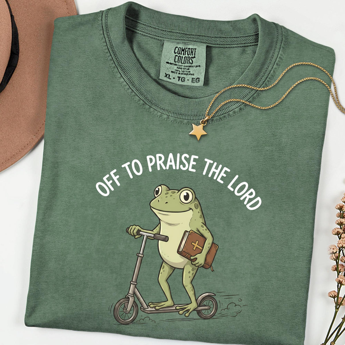 Praise The Lord Frog Comfort Colors® Tee, Funny Christian Church Shirt, Bible Scooter Graphic, Vintage Faith Top