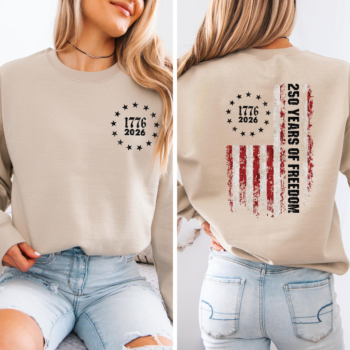 250 Years of Freedom Sweatshirt, 1776–2026 Patriotic Crewneck, Two Sided Independence Graphic Pullover