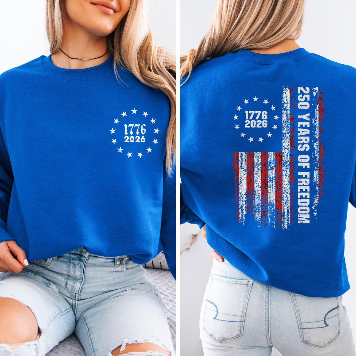 250 Years of Freedom Sweatshirt, 1776–2026 Patriotic Crewneck, Two Sided Independence Graphic Pullover