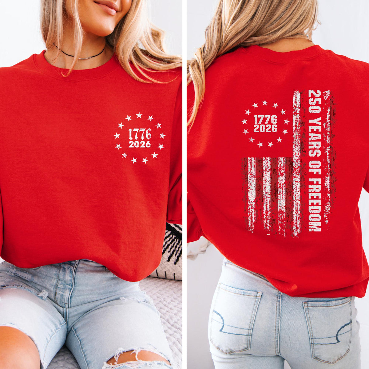 250 Years of Freedom Sweatshirt, 1776–2026 Patriotic Crewneck, Two Sided Independence Graphic Pullover