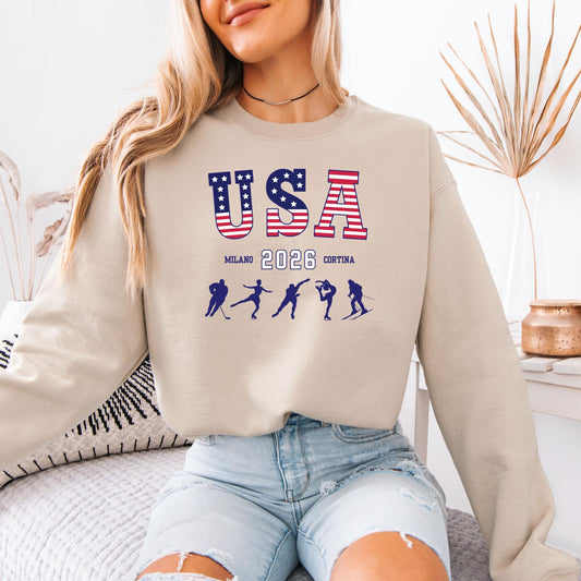 USA Winter Sports 2026 Sweatshirt, Red White Blue Snowflake Crewneck, Distressed Unisex Winter  Hoodie