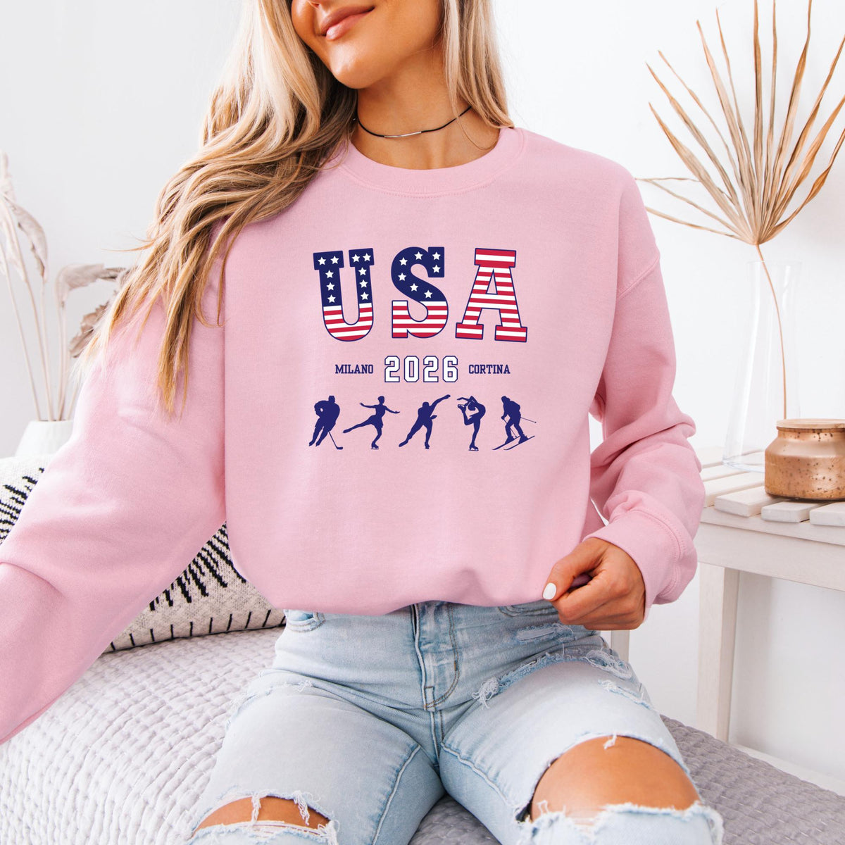 USA Winter Sports 2026 Sweatshirt, Red White Blue Snowflake Crewneck, Distressed Unisex Winter  Hoodie