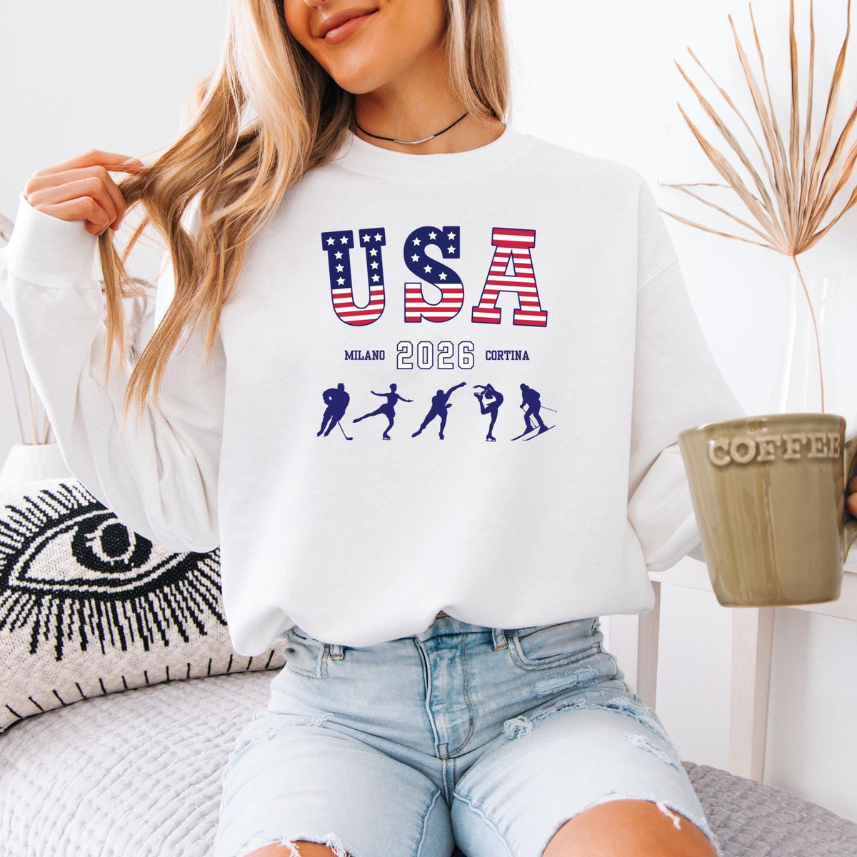 USA Winter Sports 2026 Sweatshirt, Red White Blue Snowflake Crewneck, Distressed Unisex Winter  Hoodie