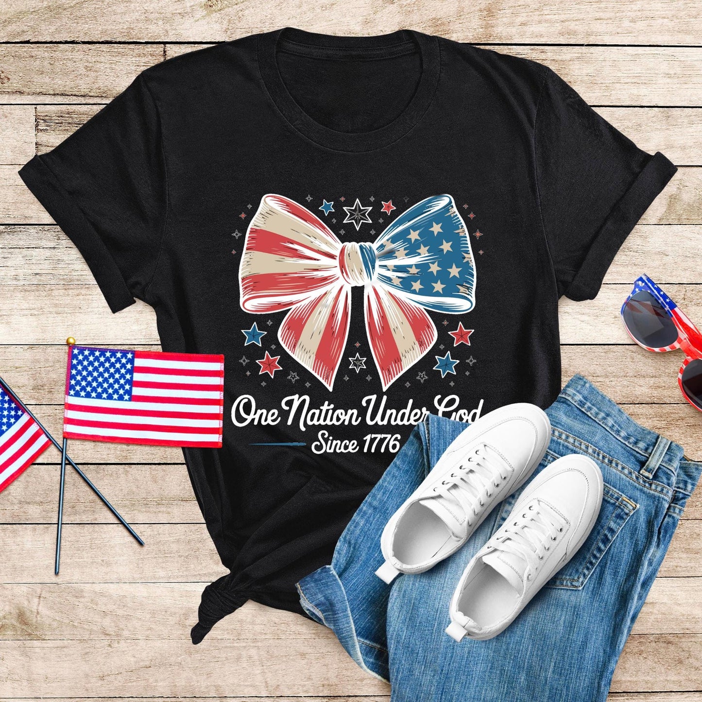 America Flag Coquette Shirt, USA 4th of July Shirts, One Nation Under God Since 1776