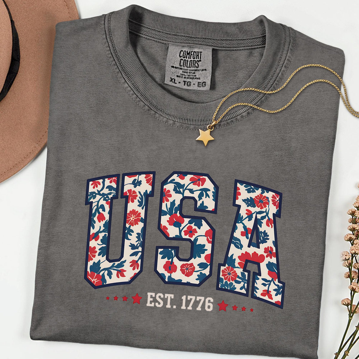 Comfort Colors® Floral USA 1776 Shirt, Patriotic Women’s Fourth of July Tee, Girly American Flag Independence Day Top