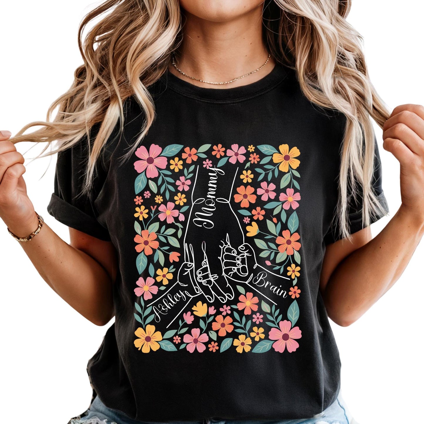Comfort Colors® Custom Mom Shirt From Children, Personalized Mom & Kids Hands Shirt Boho Floral Tee Mothers Day Gift