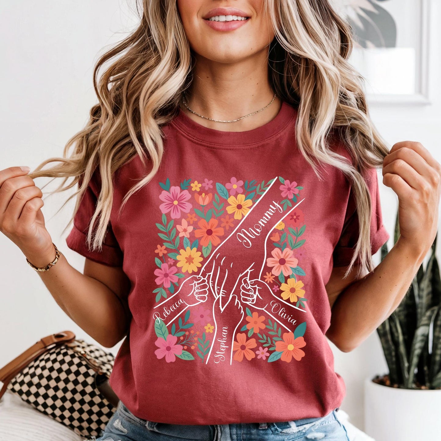 Comfort Colors® Custom Mom Shirt From Children, Personalized Mom & Kids Hands Shirt Boho Floral Tee Mothers Day Gift