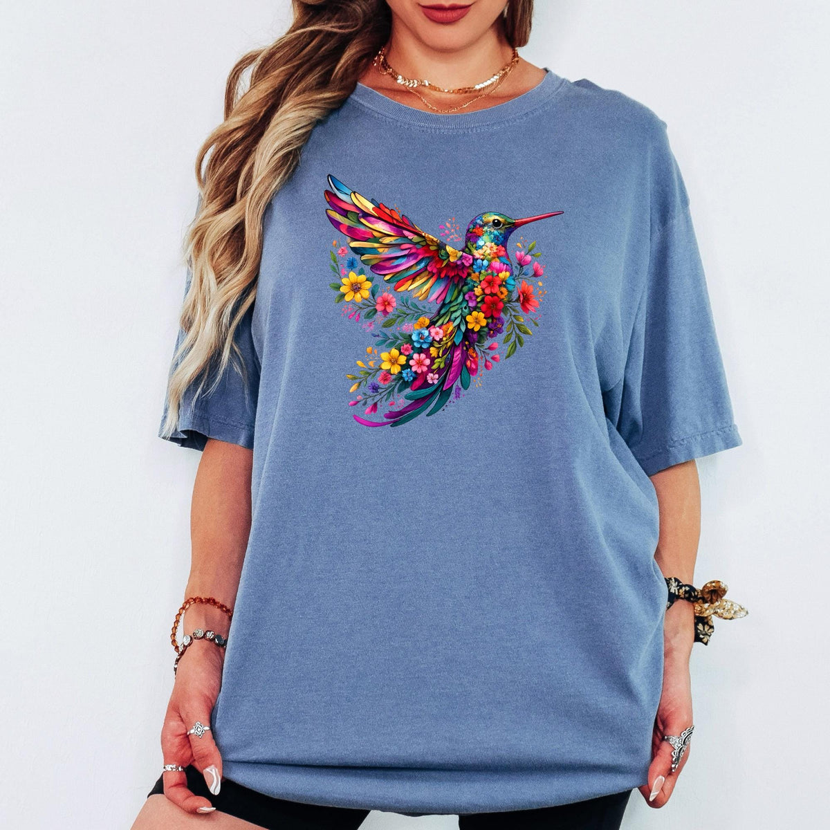 Floral Hummingbird Shirt Comfort Colors®, Watercolor Wildflower Bird Tee, Animal Lover Gift for Her, Spring Women Graphic T-Shirt