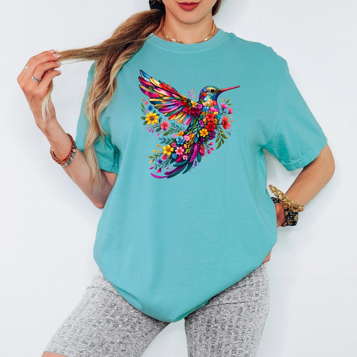 Floral Hummingbird Shirt Comfort Colors®, Watercolor Wildflower Bird Tee, Animal Lover Gift for Her, Spring Women Graphic T-Shirt