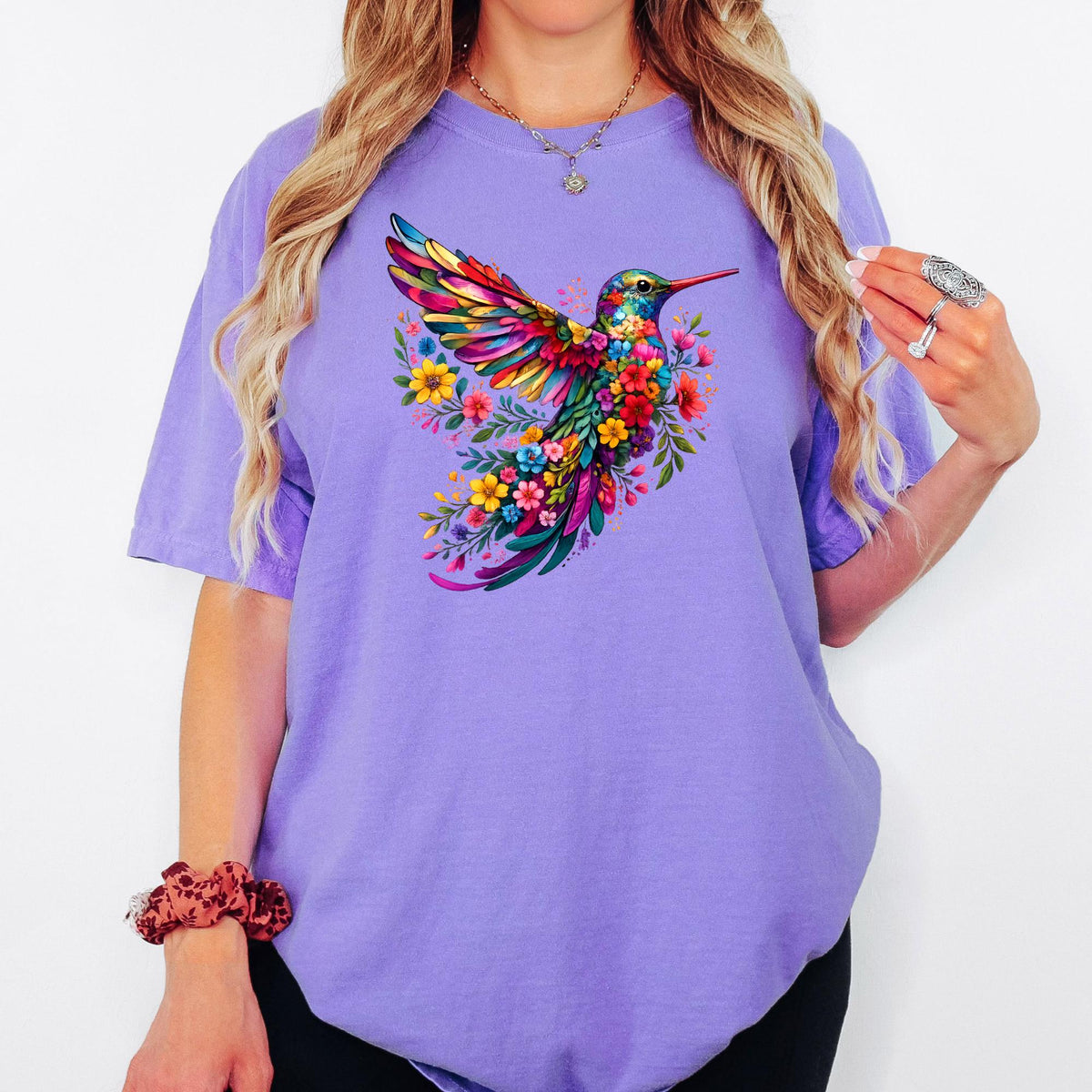 Floral Hummingbird Shirt Comfort Colors®, Watercolor Wildflower Bird Tee, Animal Lover Gift for Her, Spring Women Graphic T-Shirt