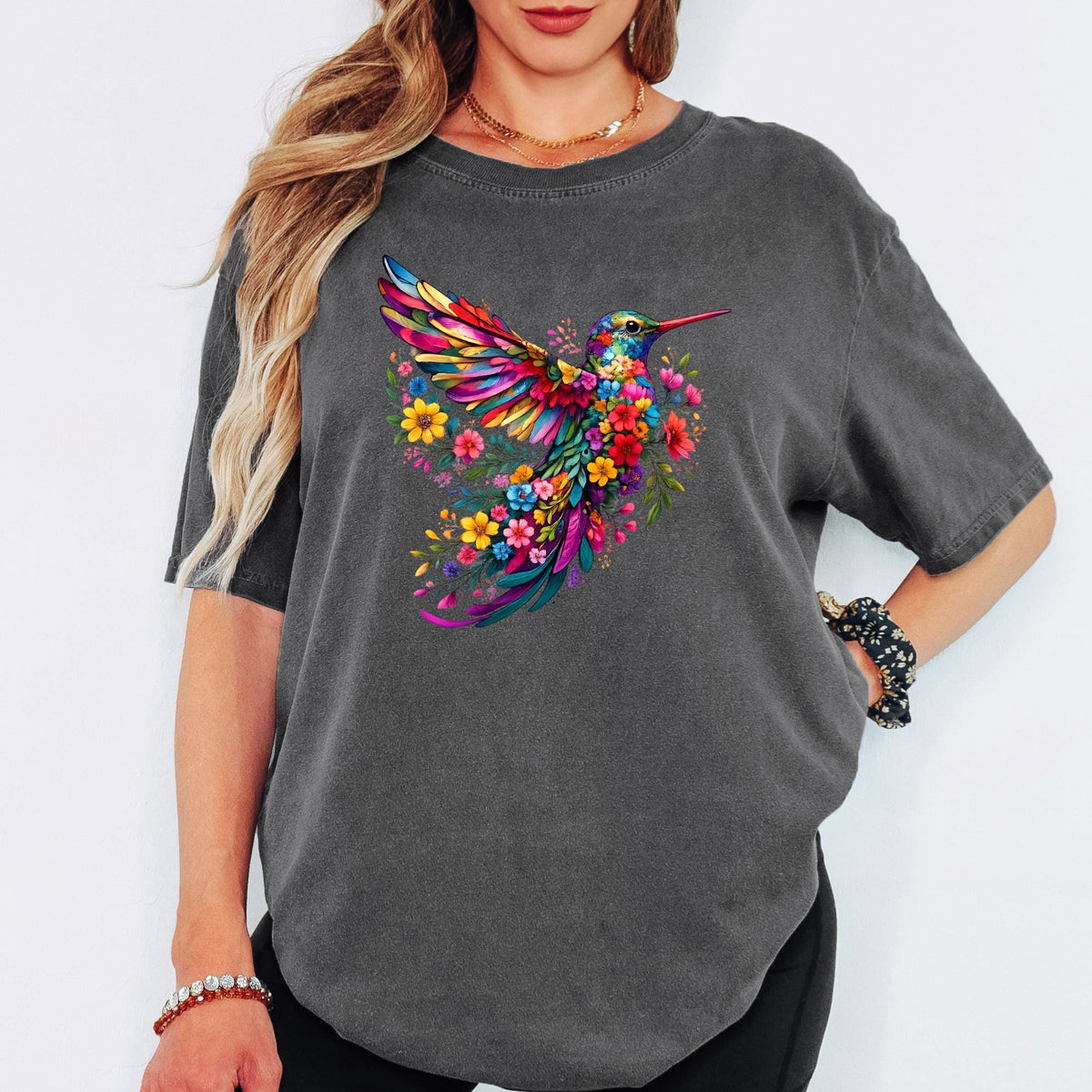 Floral Hummingbird Shirt Comfort Colors®, Watercolor Wildflower Bird Tee, Animal Lover Gift for Her, Spring Women Graphic T-Shirt