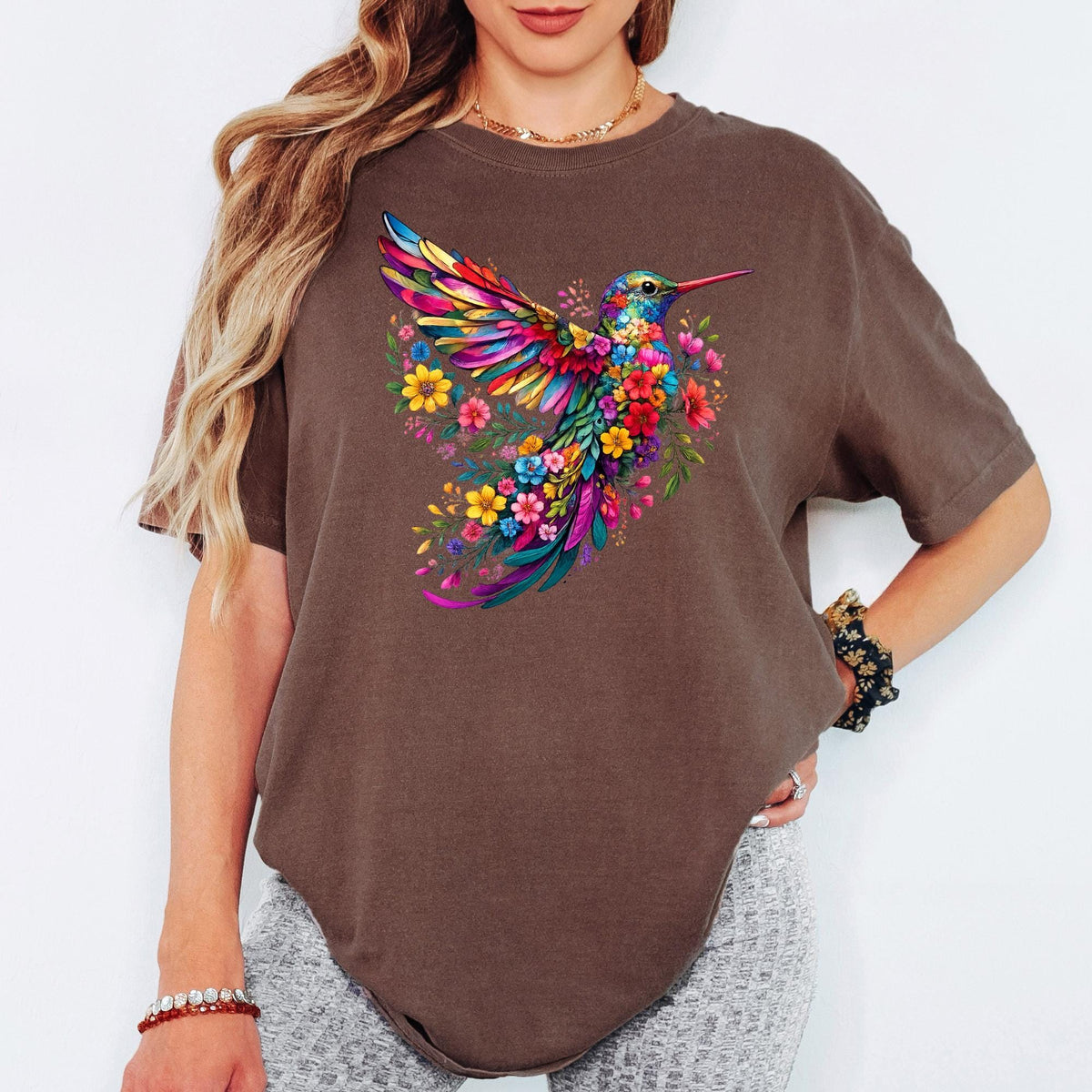 Floral Hummingbird Shirt Comfort Colors®, Watercolor Wildflower Bird Tee, Animal Lover Gift for Her, Spring Women Graphic T-Shirt