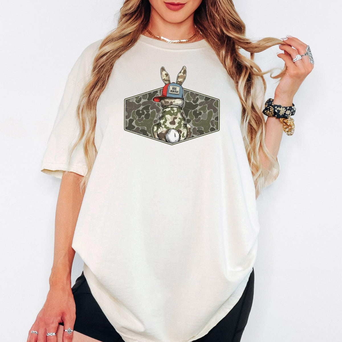 Comfort Colors® Egg Hunter Bunny Shirt, Camo Easter Graphic Tee, Funny Adult Spring Holiday Unisex T-Shirt