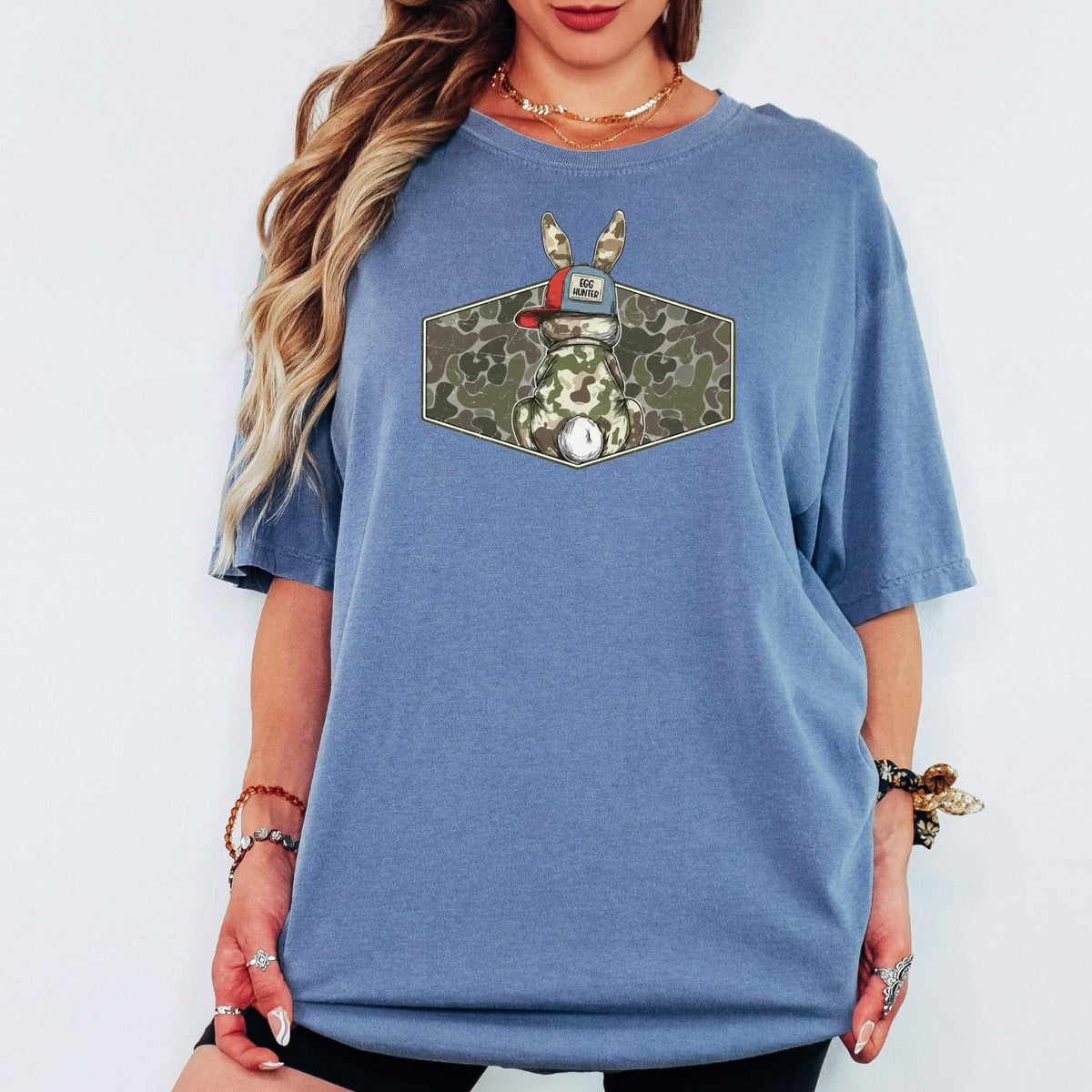 Comfort Colors® Egg Hunter Bunny Shirt, Camo Easter Graphic Tee, Funny Adult Spring Holiday Unisex T-Shirt