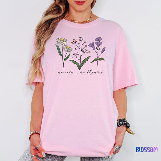 No Rain No Flowers Comfort Colors® Shirt, Botanical Wildflower Tee, Floral Nature Shirt, Plant Mom Shirt, Mother’s Day Gift