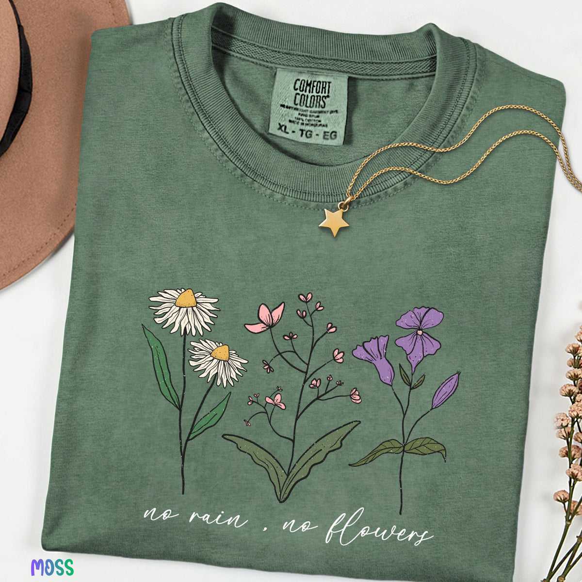 No Rain No Flowers Comfort Colors® Shirt, Botanical Wildflower Tee, Floral Nature Shirt, Plant Mom Shirt, Mother’s Day Gift