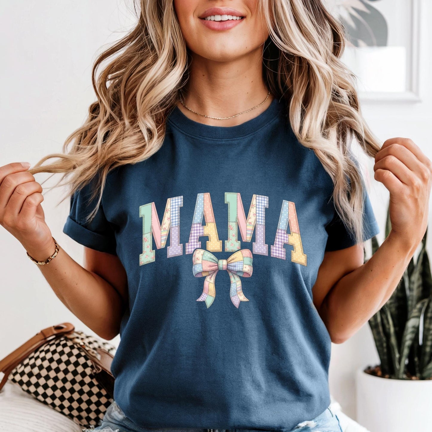 Custom Comfort Colors® Mama Shirt Mothers Day Gift For Mom, Patchwork-Look Mommy Shirts