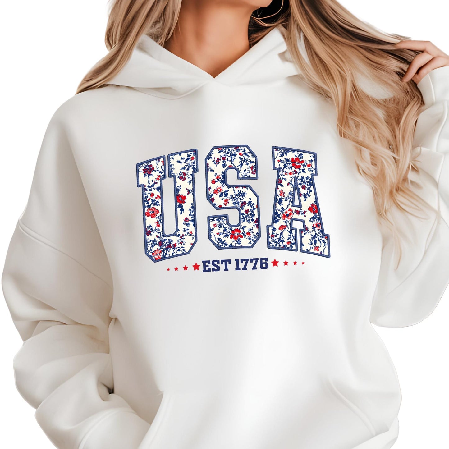 Floral USA Sweatshirt | Embroidery Look Crewneck | 1776 Patriotic Gift for Her | Girly Fourth of July Pullover