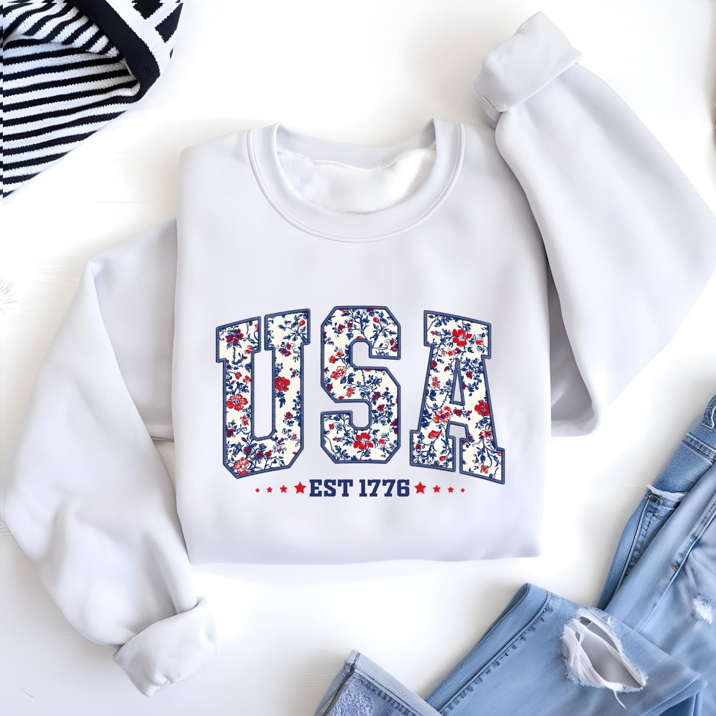 Floral USA Sweatshirt | Embroidery Look Crewneck | 1776 Patriotic Gift for Her | Girly Fourth of July Pullover