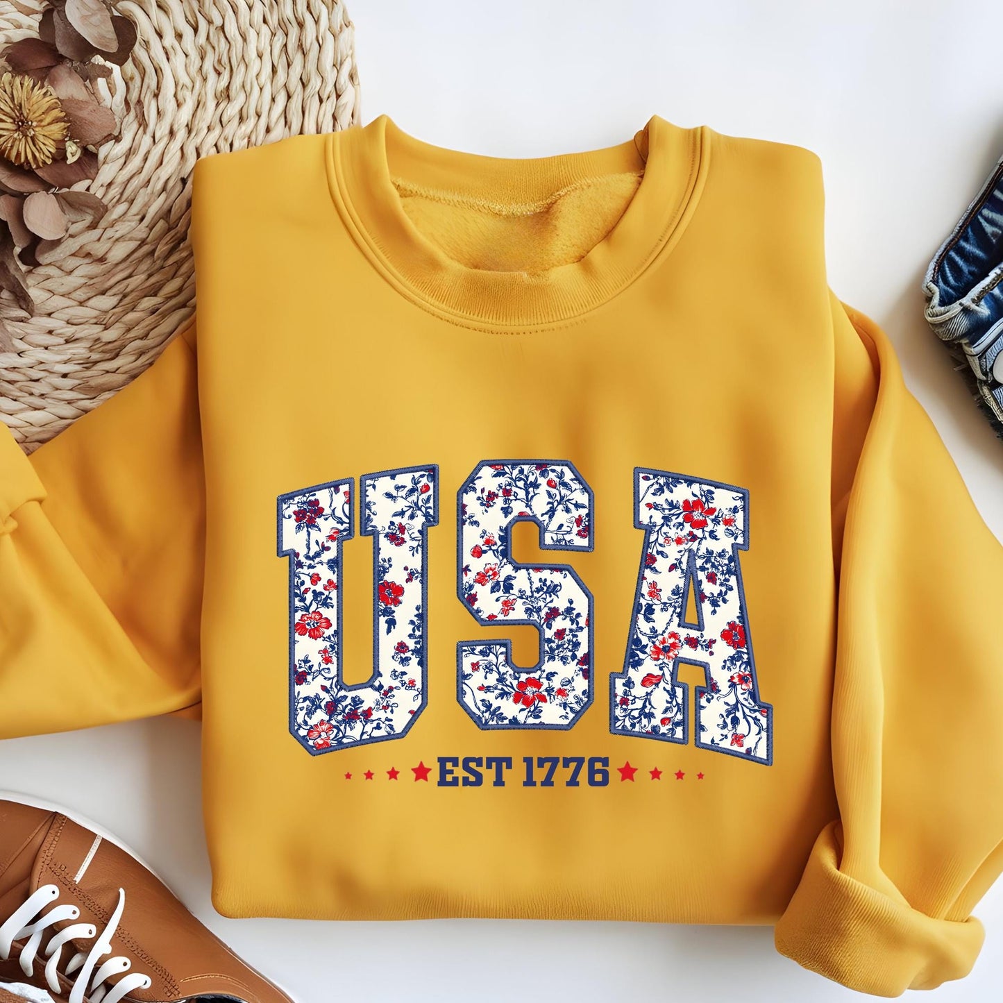Floral USA Sweatshirt | Embroidery Look Crewneck | 1776 Patriotic Gift for Her | Girly Fourth of July Pullover