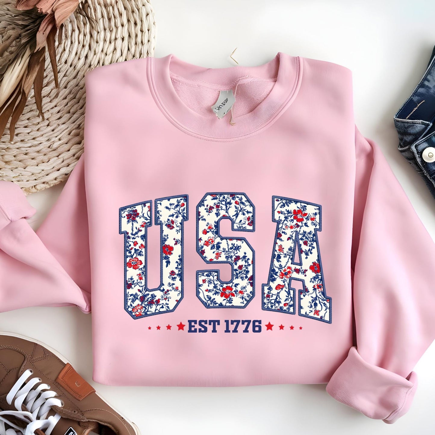 Floral USA Sweatshirt | Embroidery Look Crewneck | 1776 Patriotic Gift for Her | Girly Fourth of July Pullover