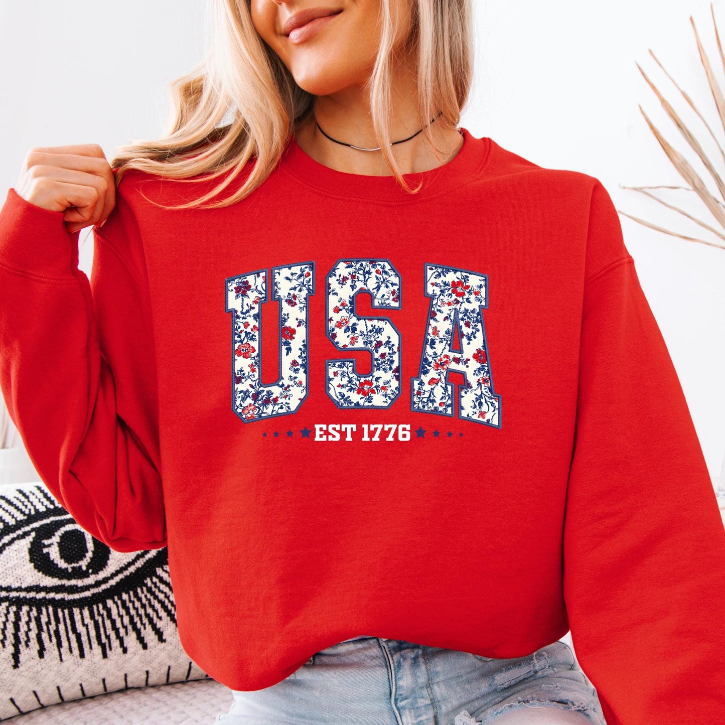Floral USA Sweatshirt | Embroidery Look Crewneck | 1776 Patriotic Gift for Her | Girly Fourth of July Pullover