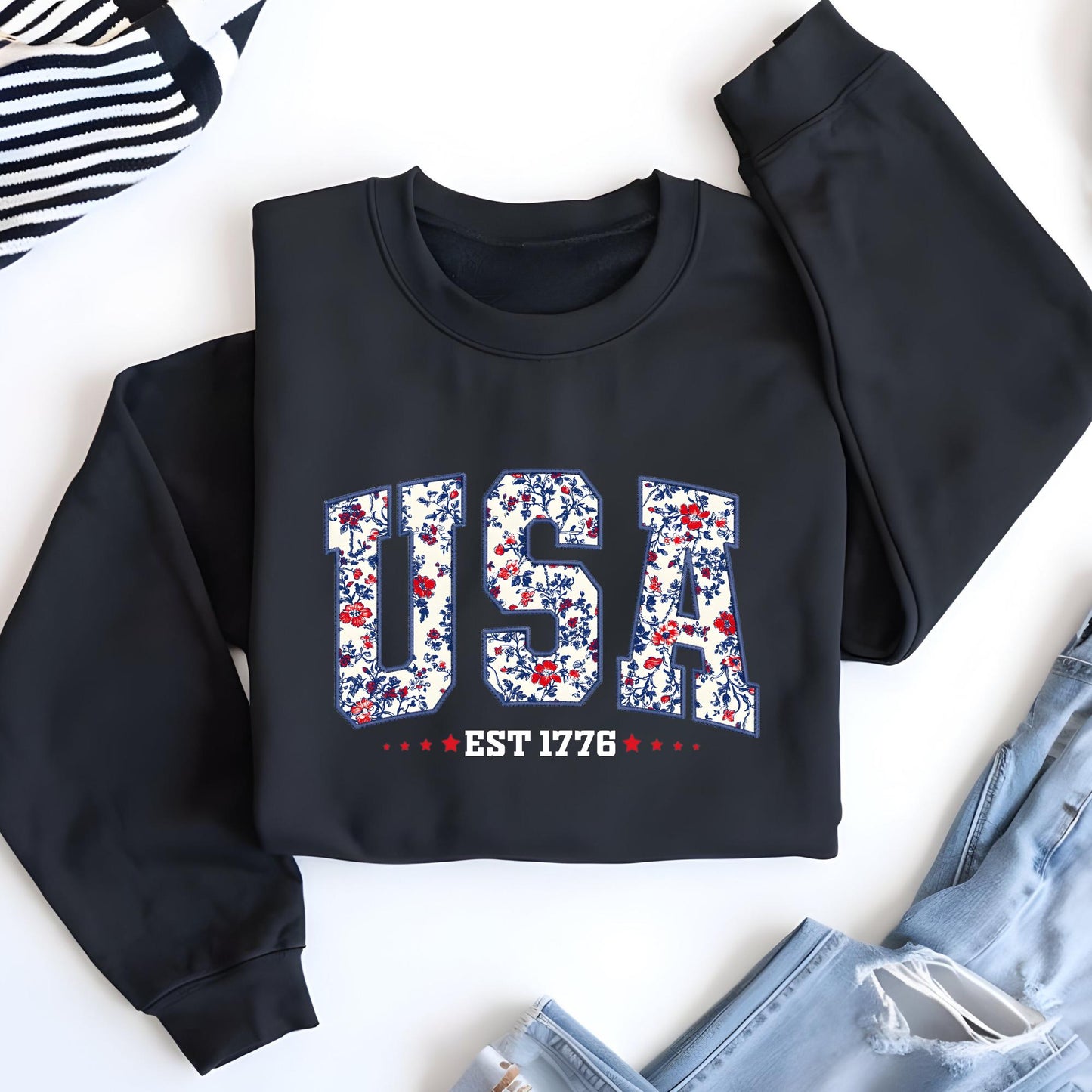 Floral USA Sweatshirt | Embroidery Look Crewneck | 1776 Patriotic Gift for Her | Girly Fourth of July Pullover