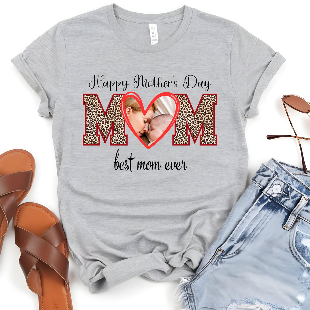 Custom Mom Photo Leopard Mama Mother’s Day T-Shirt