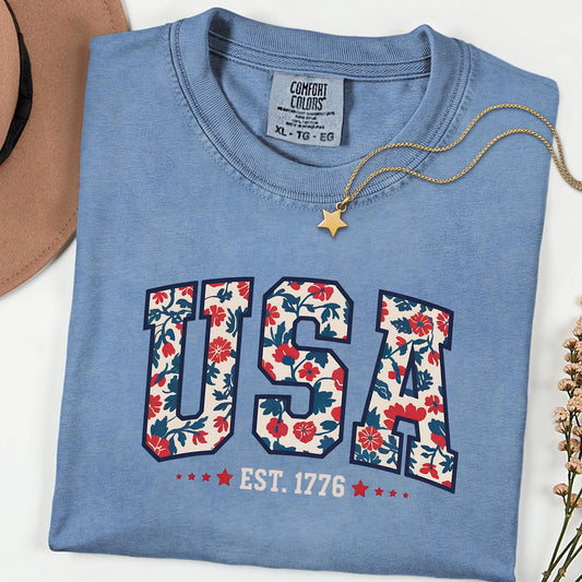 Comfort Colors® Floral USA 1776 Shirt, Patriotic Women’s Fourth of July Tee, Girly American Flag Independence Day Top