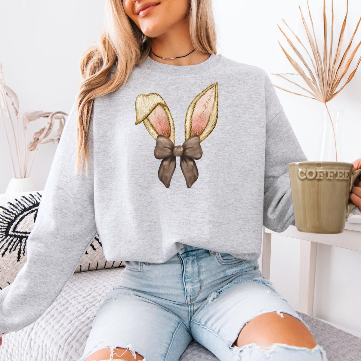Coquette Bow Bunny Sweatshirt, Cute Easter Hoodie, Happy Easter Day Gift for Women, Spring Rabbit Top