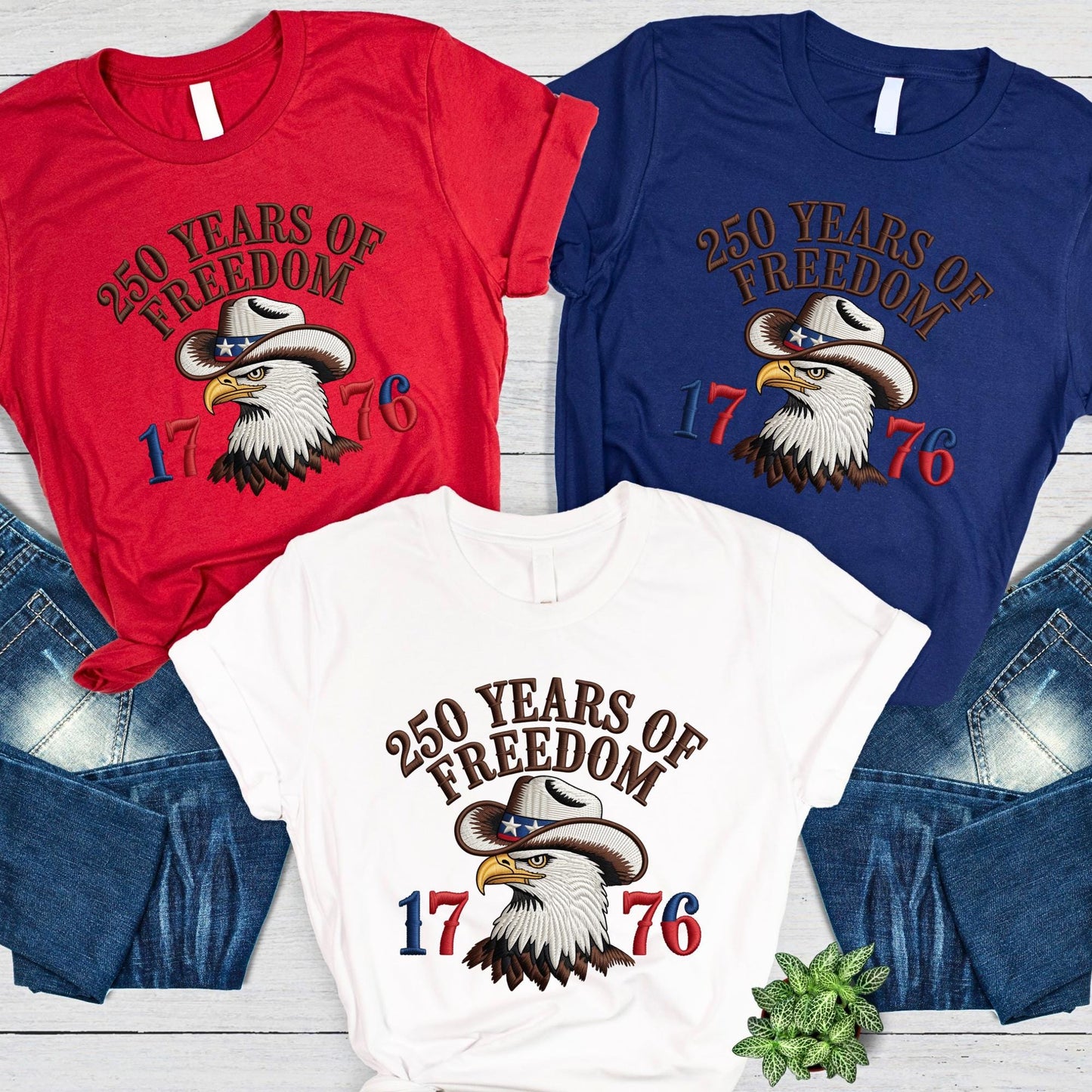 250 Years of Freedom 1776 Shirt,  Embroidery-Look Print USA Shirts, American Patriotic Tee 4th of July Gift