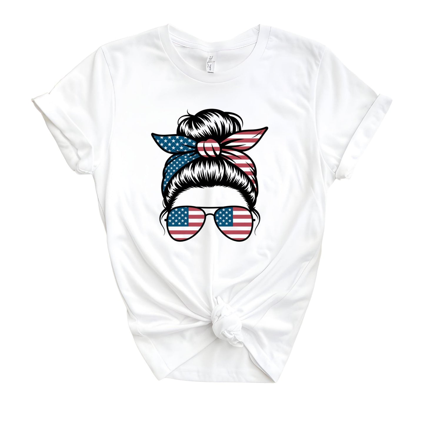 American Mama Shirt, USA Messy Bun  T-shirt, Mothers Day 4th of July Gift