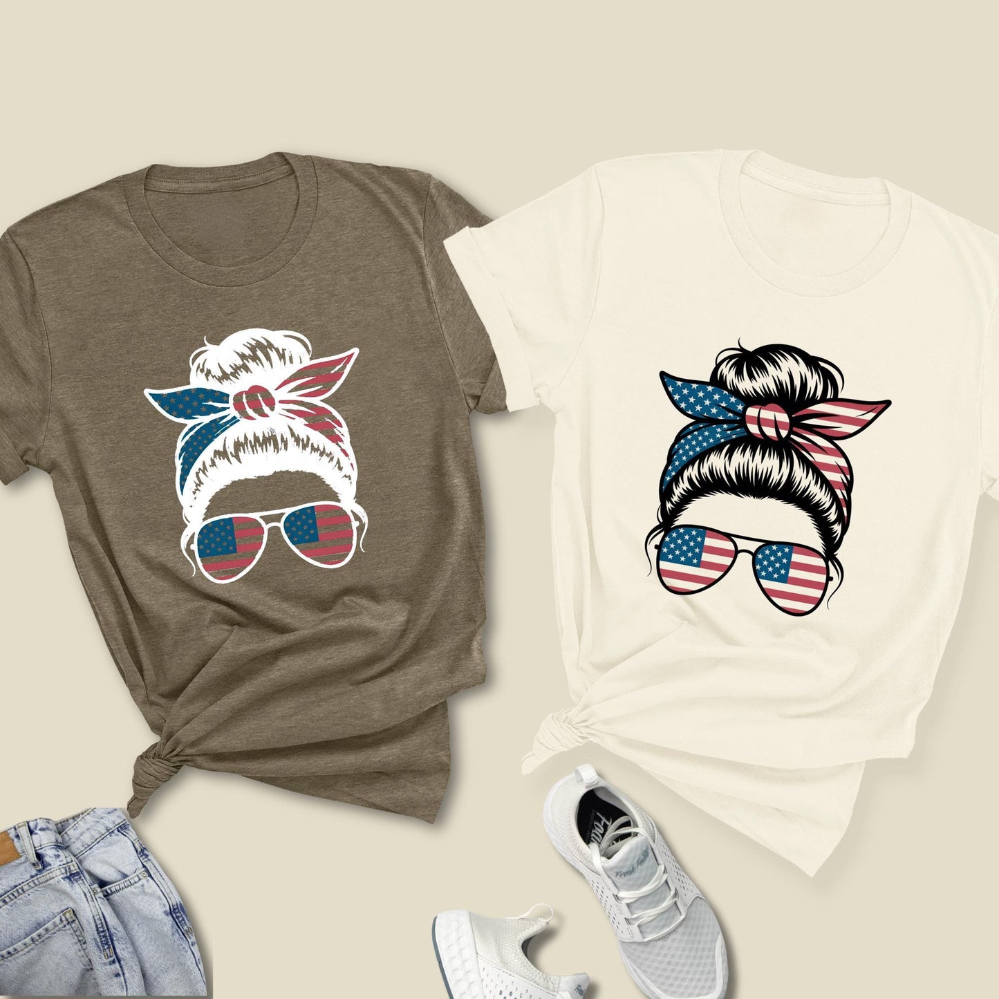 American Mama Shirt, USA Messy Bun  T-shirt, Mothers Day 4th of July Gift