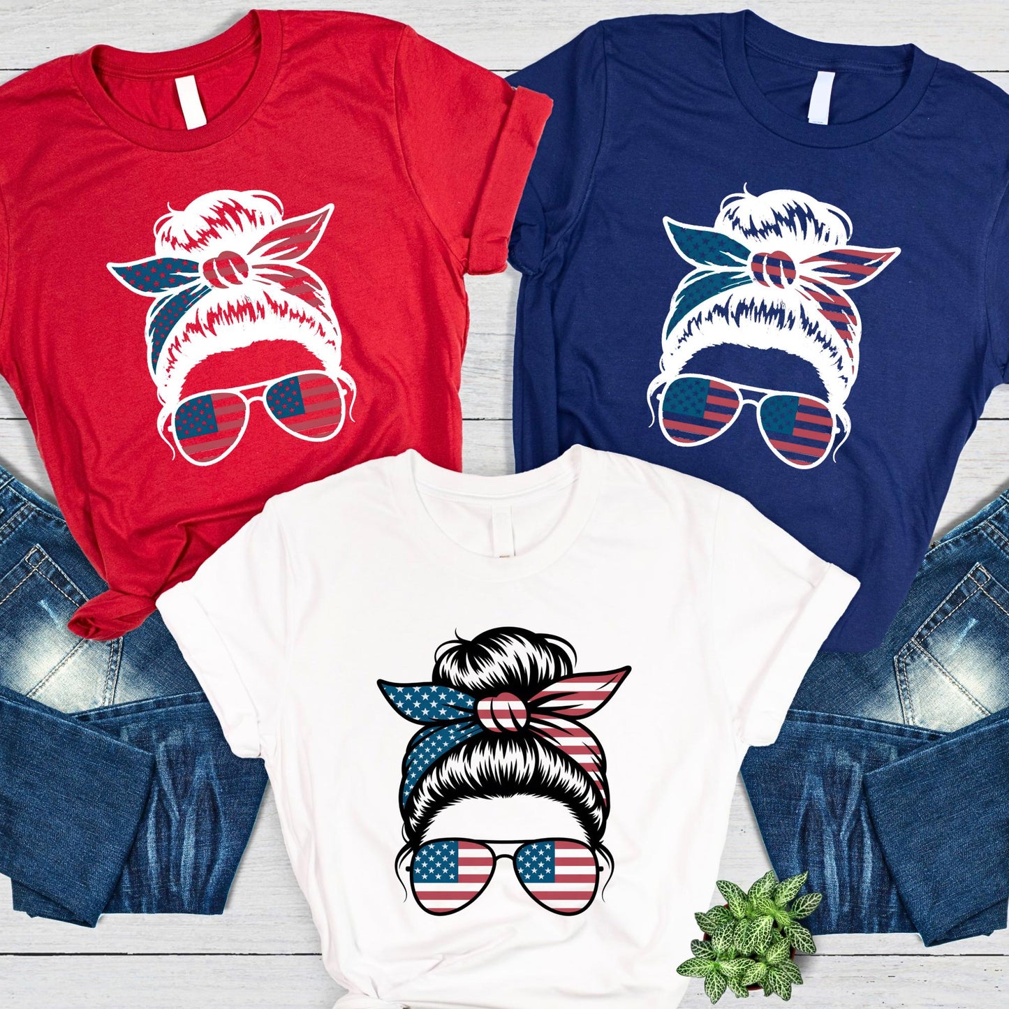 American Mama Shirt, USA Messy Bun  T-shirt, Mothers Day 4th of July Gift