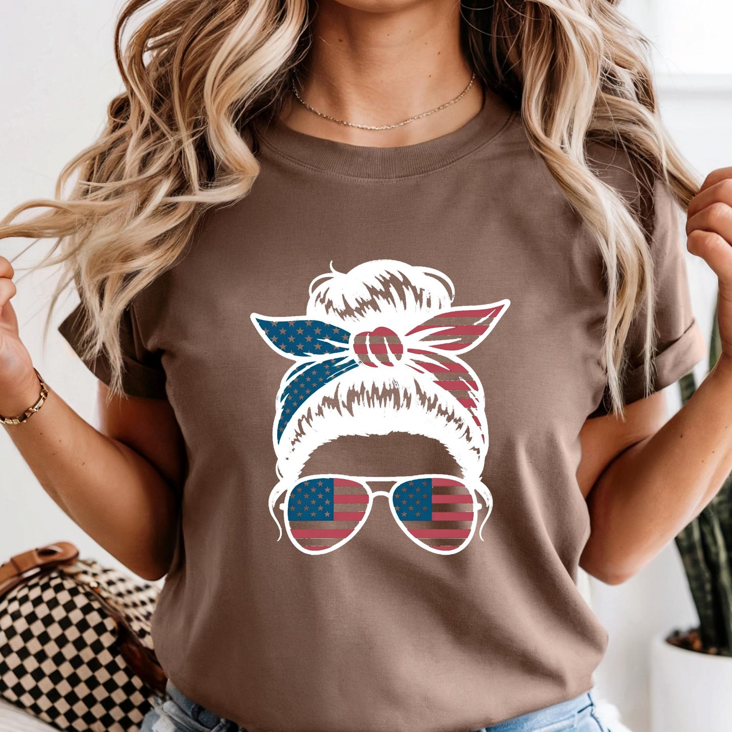 Comfort Colors® USA Messy Bun Shirt: American Flag 4th of July Tee Mothers Day Gift