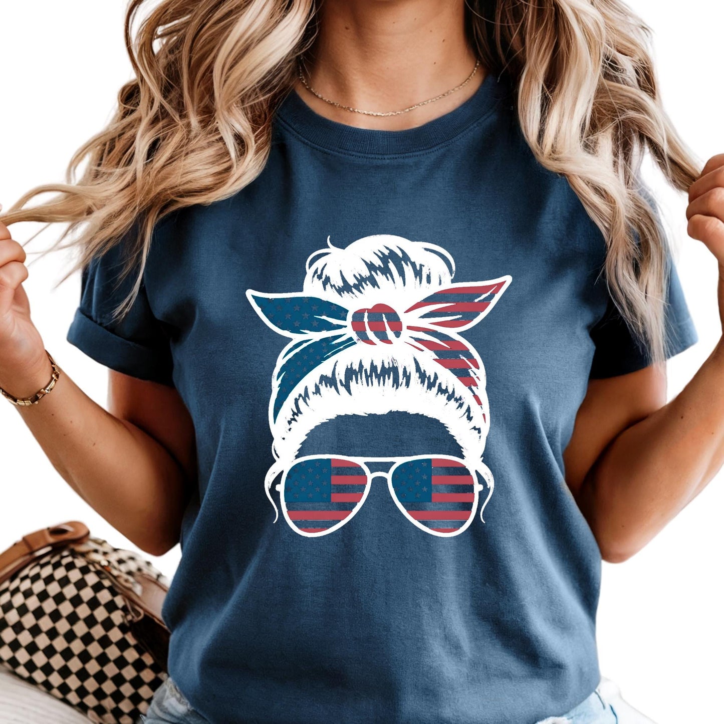 Comfort Colors® USA Messy Bun Shirt: American Flag 4th of July Tee Mothers Day Gift