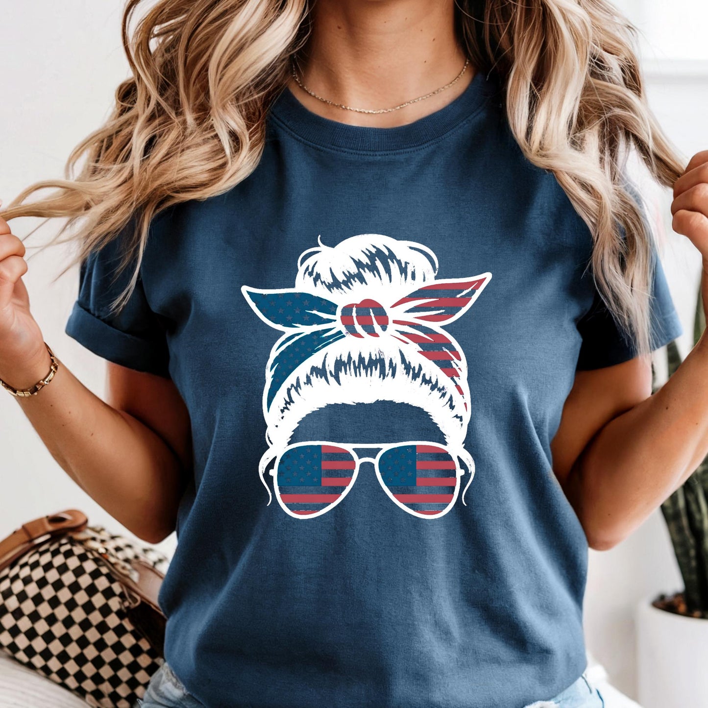 Comfort Colors® USA Messy Bun Shirt: American Flag 4th of July Tee Mothers Day Gift