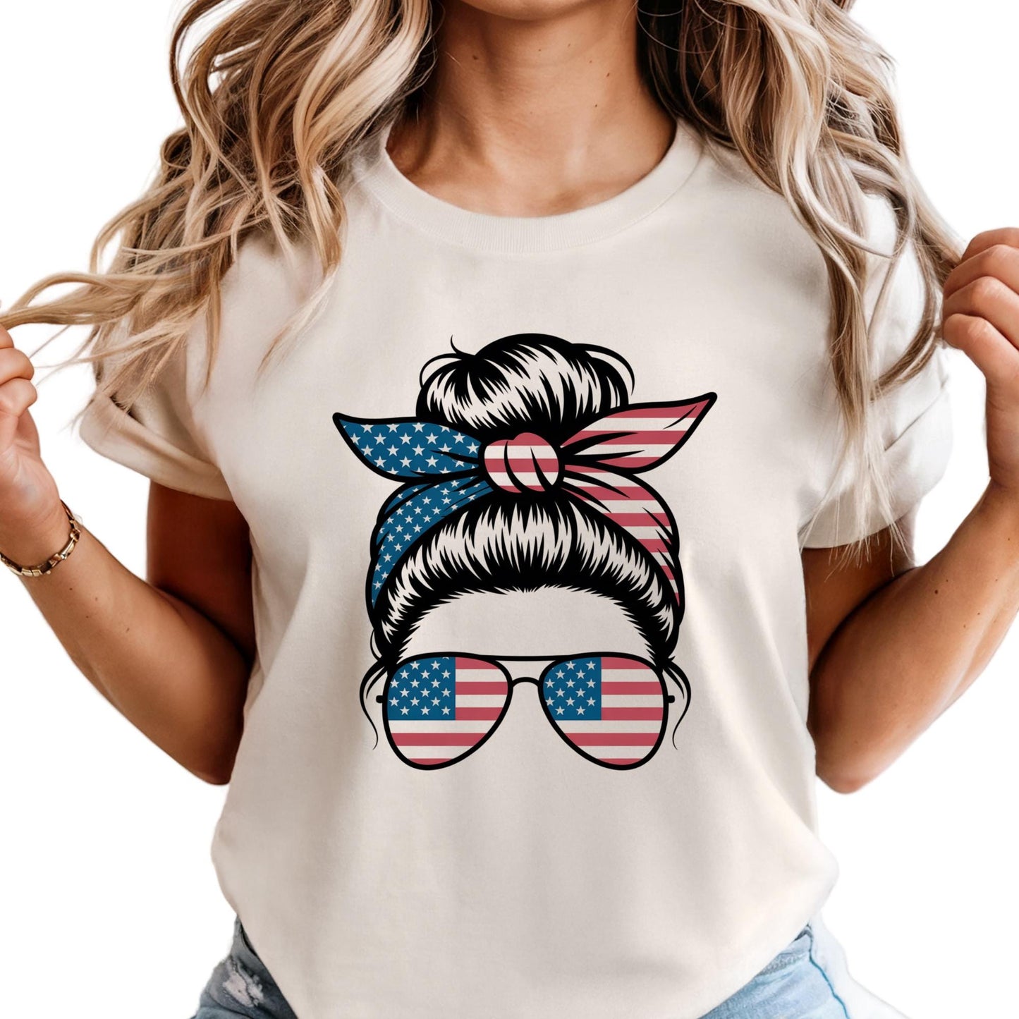 Comfort Colors® USA Messy Bun Shirt: American Flag 4th of July Tee Mothers Day Gift
