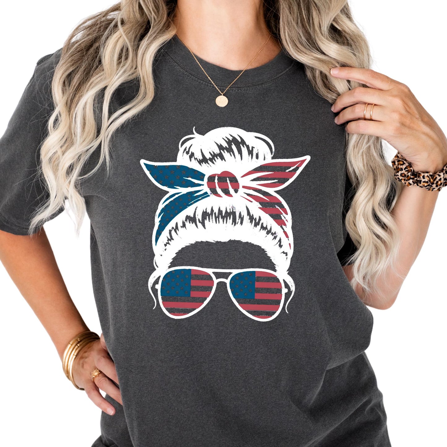 Comfort Colors® USA Messy Bun Shirt: American Flag 4th of July Tee Mothers Day Gift