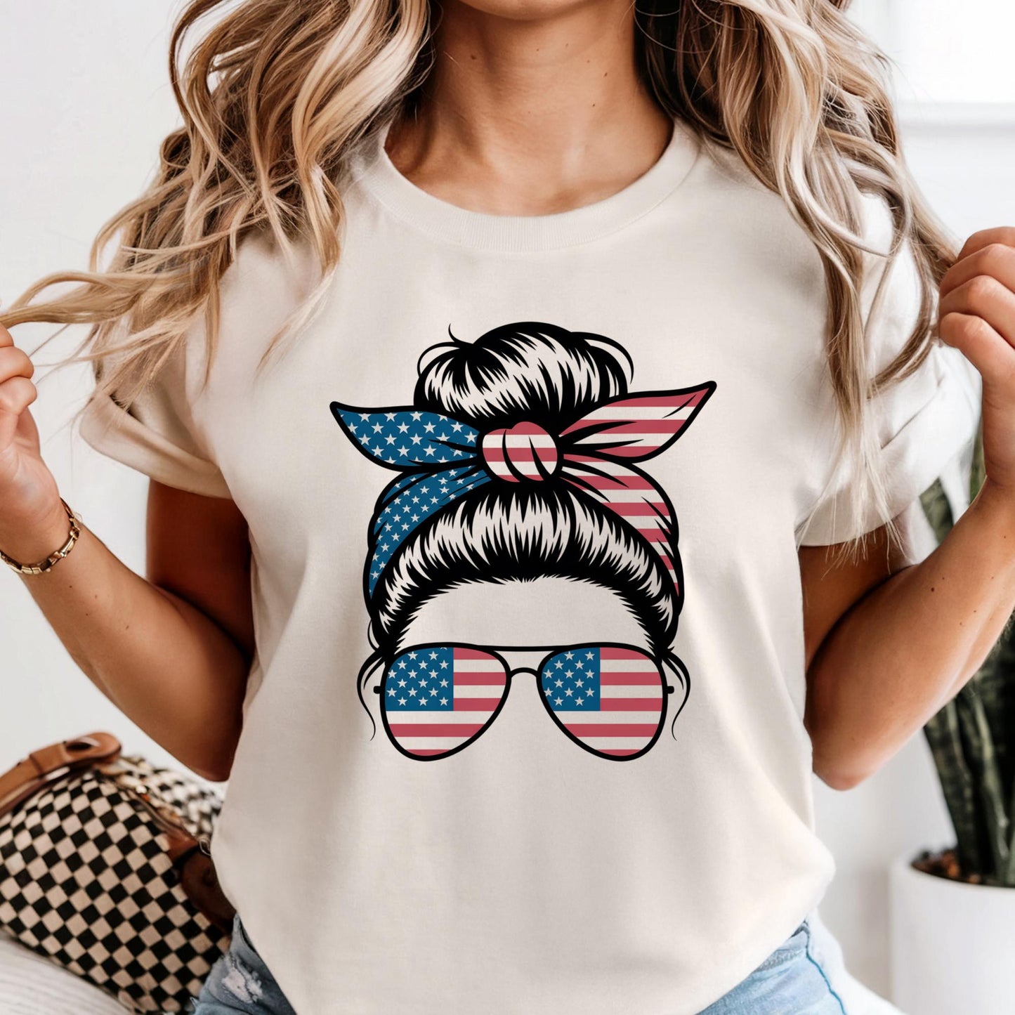 Comfort Colors® USA Messy Bun Shirt: American Flag 4th of July Tee Mothers Day Gift