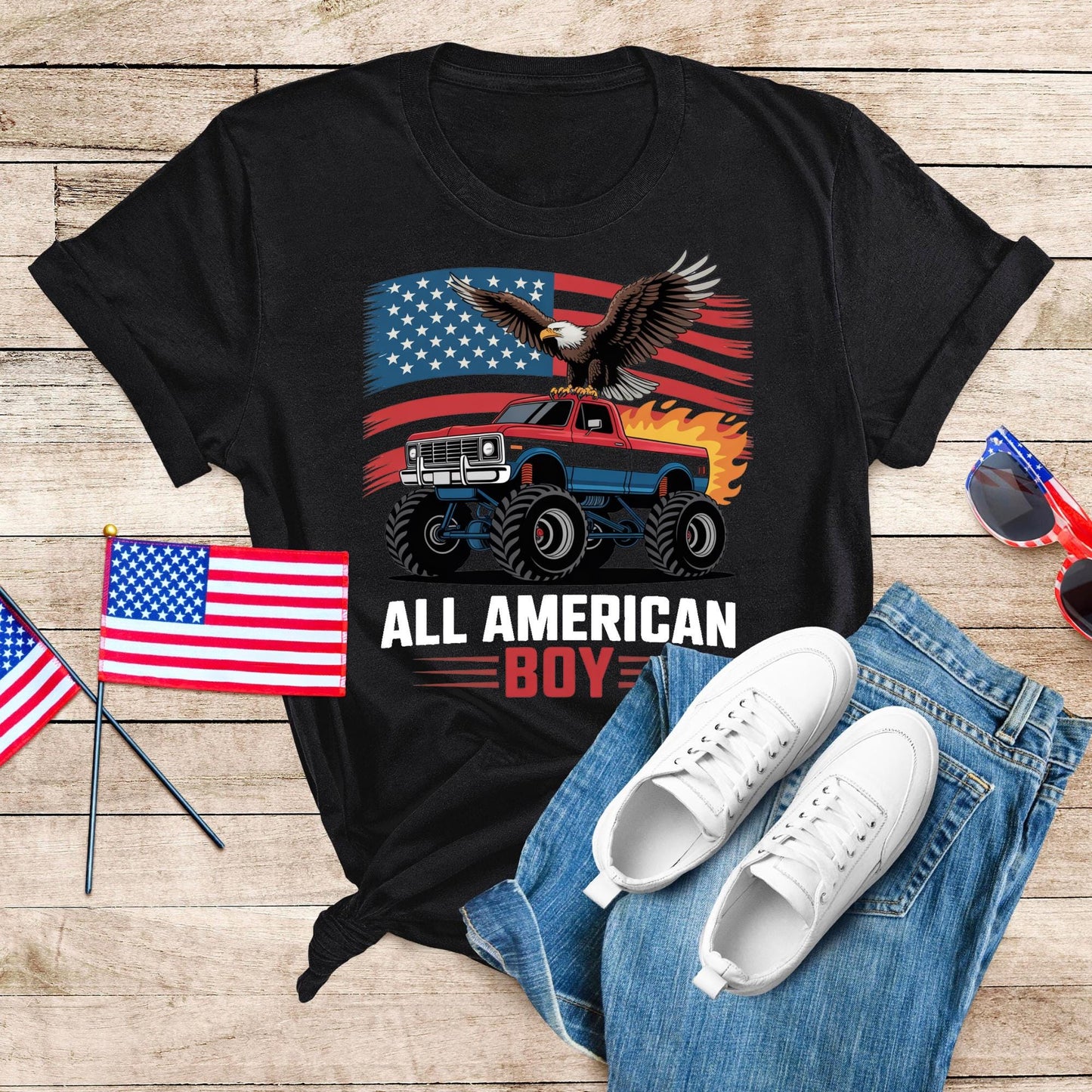 All American Boy Patriotic Truck Shirt, American Flag Shirt, 4th July Shirt, Truck Flag Shirt, 4th of July Shirt