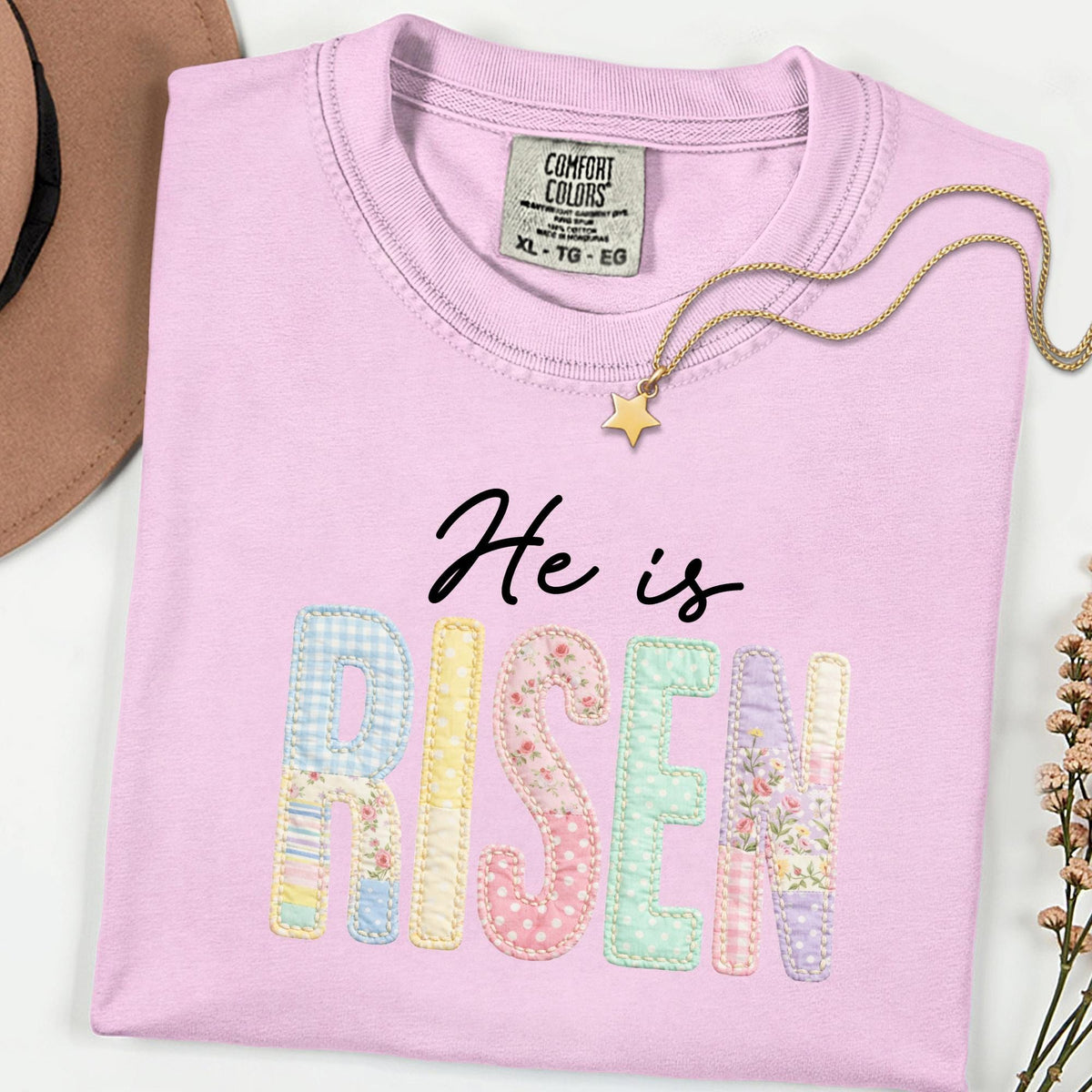 Comfort Colors He Is Risen Shirt, Faux Patchwork Quilted Christian Easter Tee, Retro Faith Graphic T-Shirt, Religious Spring Gift for Women