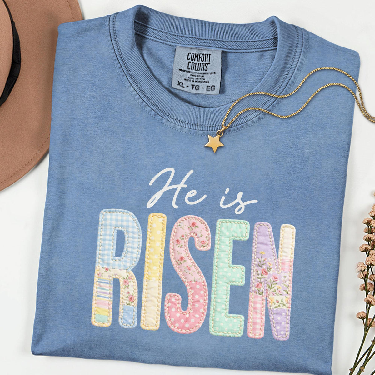 Comfort Colors He Is Risen Shirt, Faux Patchwork Quilted Christian Easter Tee, Retro Faith Graphic T-Shirt, Religious Spring Gift for Women