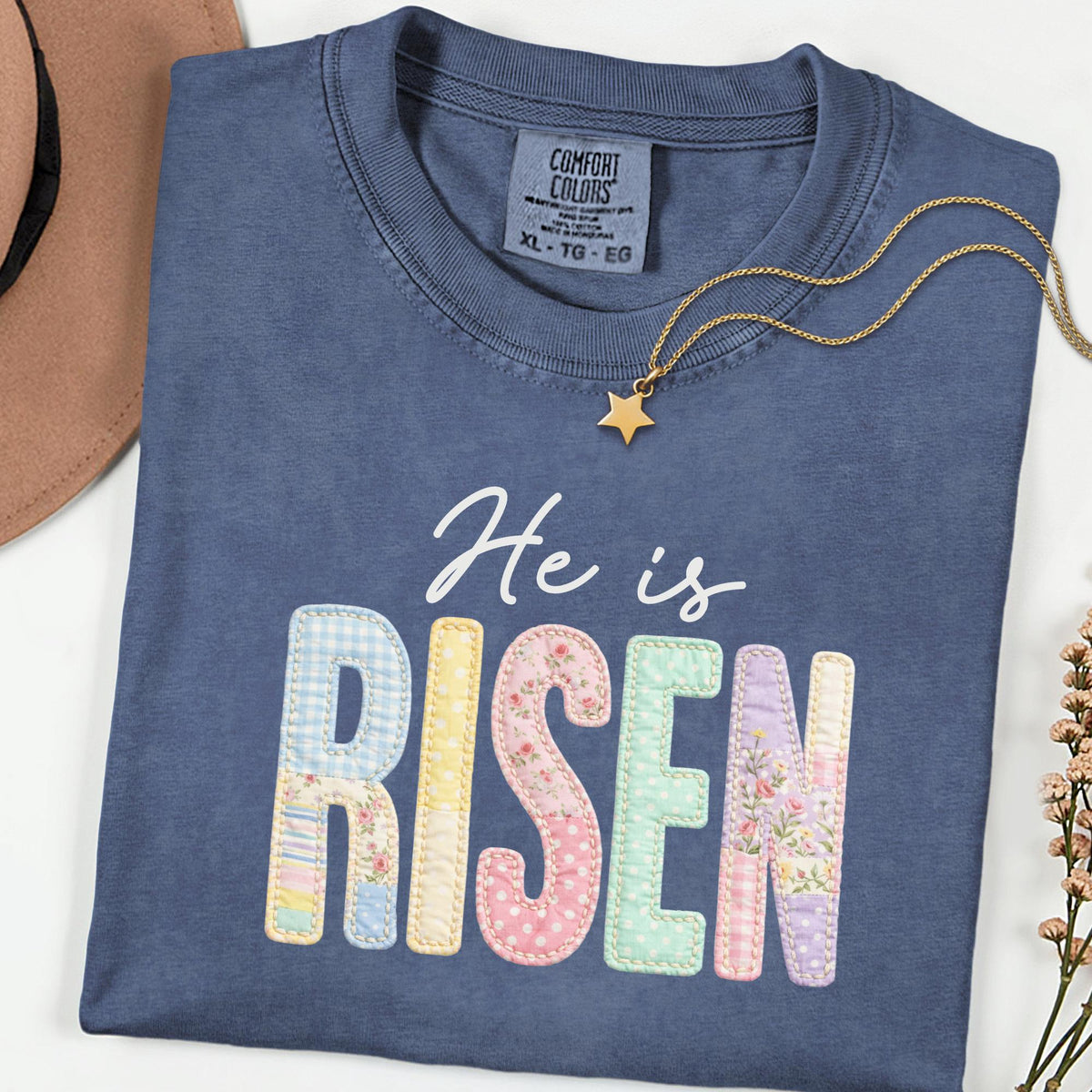 Comfort Colors He Is Risen Shirt, Faux Patchwork Quilted Christian Easter Tee, Retro Faith Graphic T-Shirt, Religious Spring Gift for Women