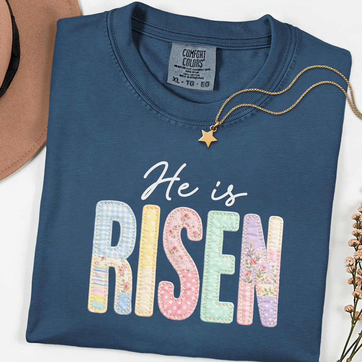 Comfort Colors He Is Risen Shirt, Faux Patchwork Quilted Christian Easter Tee, Retro Faith Graphic T-Shirt, Religious Spring Gift for Women